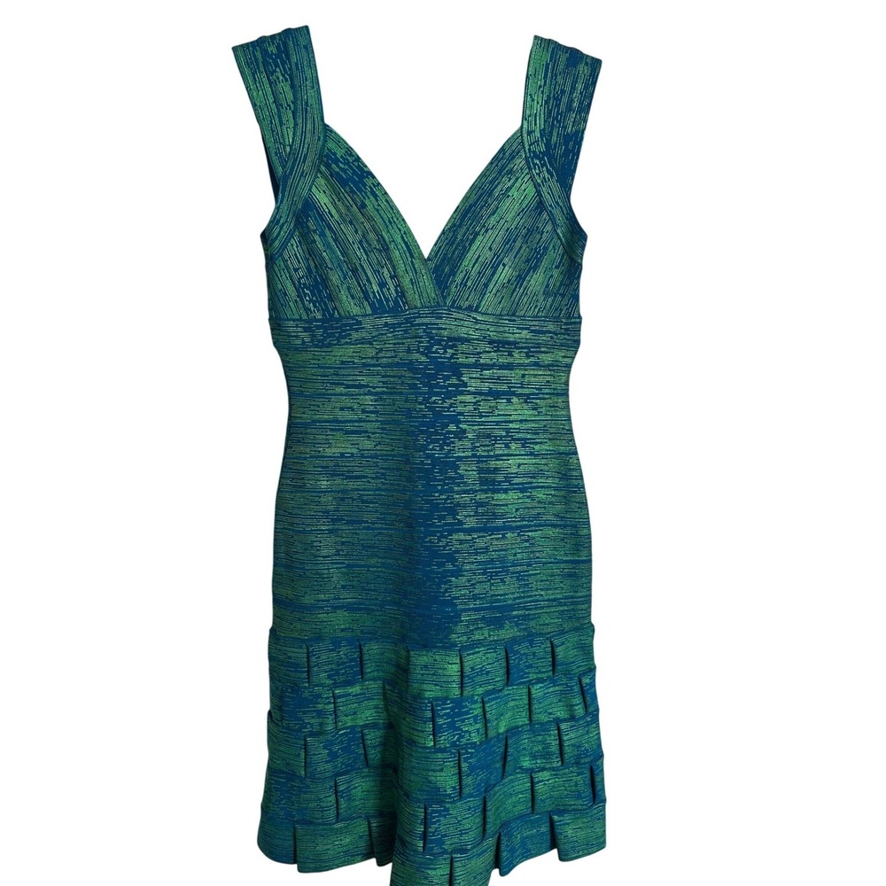 Herve Leger Metallic Blue Green Bandage Dress Basketweave M